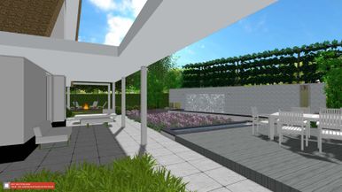 stads-tuinontwerp water muur in nijmegen van het buitenland met een doorkijkje onder de lange veranda door naar de vuurplek