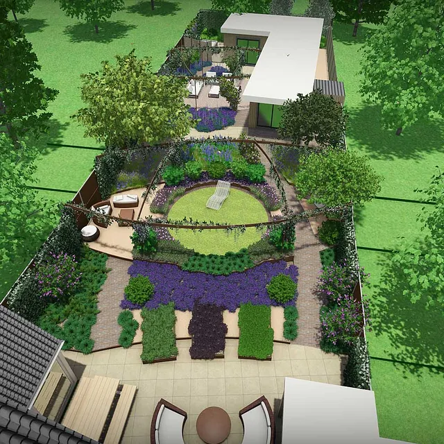 stads-tuinontwerp fruit plaza in oosterbeek van het buitenland met een vogelvlucht van de hele achertuin 