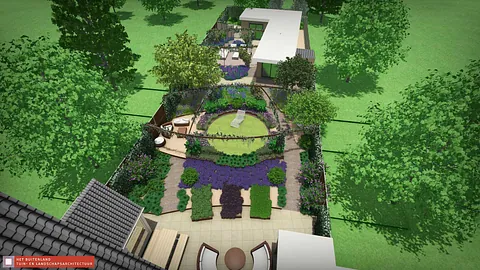 stads-tuinontwerp fruit plaza in oosterbeek van het buitenland met een vogelvlucht van de hele achertuin 
