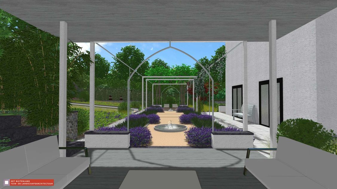 stads-tuinontwerp beloofd land in nijmegen van het buitenland met een overdekt loungeterras en 2 fonteinen in strook met geel split
