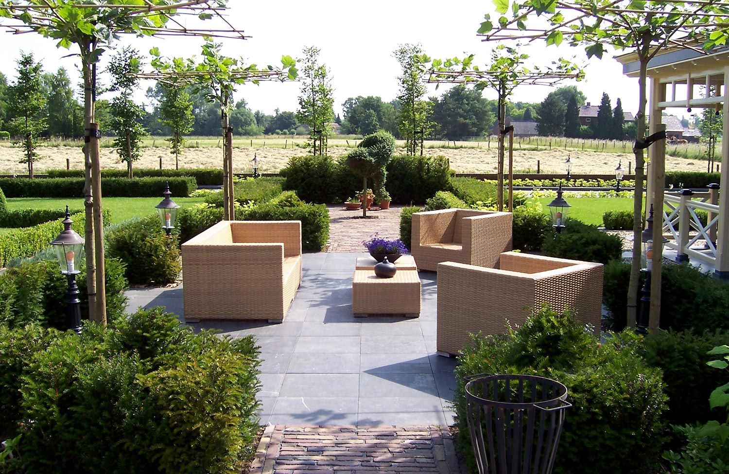 landschaps-tuinontwerp tuin in vorm in nijmegen van het buitenland met loungeterras onder dakplatanen en tussen blokhagen