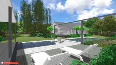 landschaps-tuinontwerp bospoel in nijmegen van het buitenland met een zonneterras bij het zwembad met zicht op de woning