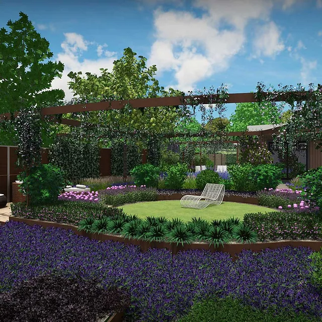stads-tuinontwerp fruit plaza in oosterbeek van het buitenland met een rond gazon met erboven 2 cortenstalen gebogen pergola's