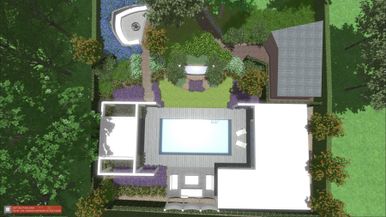landschaps-tuinontwerp pool huis in nijmegen van het buitenland met een vogelvluchtperspectief visualisatie van de zwembad tuin