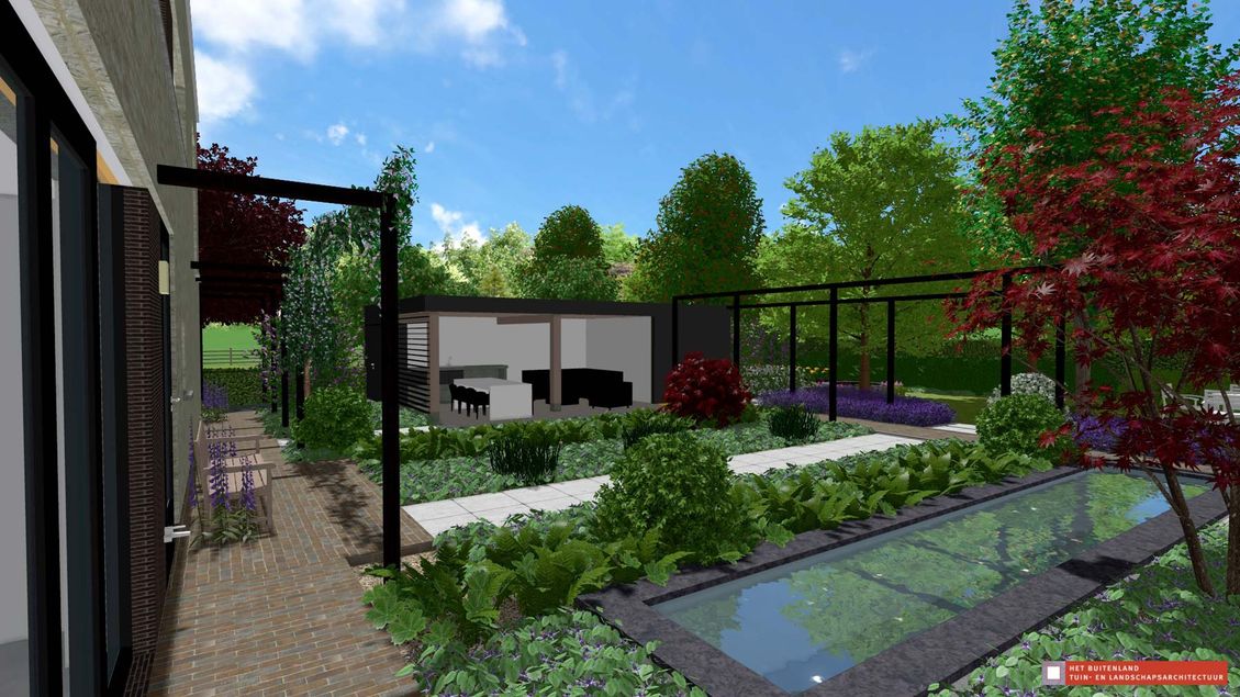 stads-tuinontwerp binnen de lijnen in nijmegen van het buitenland met een diagonaal lijnenspel van vijver en de plantstroken ernaast