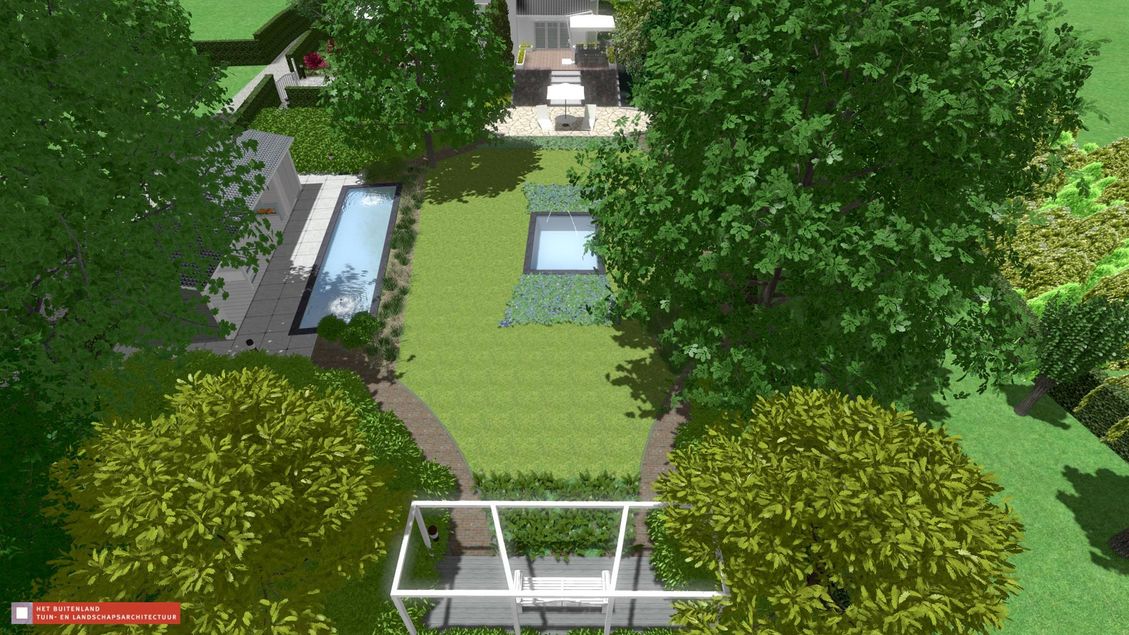 landschaps-tuinontwerp lavendeldroom in nijmegen van het buitenland met een 3D vogelvlucht visualisatie van de vijvertuin