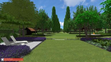 landschaps-tuinontwerp de as in nijmegen van het buitenland met zicht op de as van Italiaanse populieren vanaf het loungeterras
