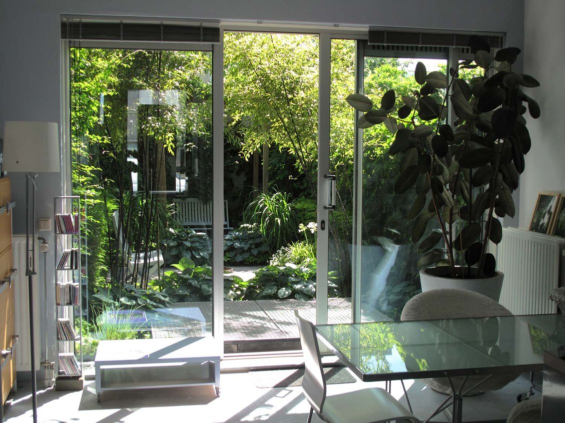 stads-tuinontwerp jungle in nijmegen van het buitenland met zicht vanuit het kantoor op de uitbundige jungle achtige binnentuin
