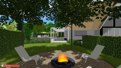 stads-tuinontwerp water muur in nijmegen van het buitenland met een vuurplek in de boomgaard met zicht op de achtertuin