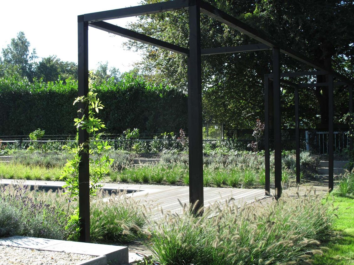 landschaps-tuinontwerp zwemmen in het diepe in nijmegen van het buitenland met zwarte pergola boven pad met grassen