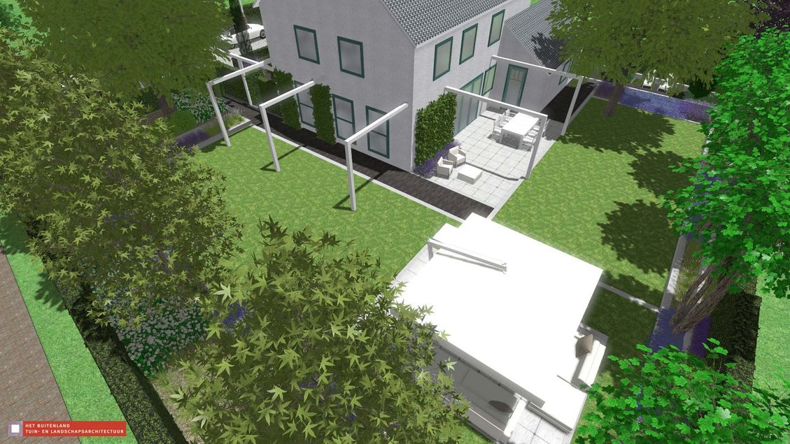 stads-tuinontwerp bossche school 2 in nijmegen van het buitenland met een 3D vogelvlucht van de woning in de Bossche School stijl
