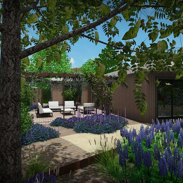 stads-tuinontwerp fruit plaza in oosterbeek van het buitenland met zicht op het vlonderterras bij het tuinhuis