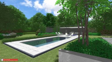 landschaps-tuinontwerp bospoel in nijmegen van het buitenland met een modern zwembad voor een terrasoverkapping