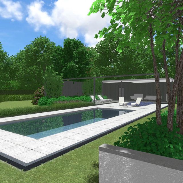 landschaps-tuinontwerp bospoel in nijmegen van het buitenland met een modern zwembad voor een terrasoverkapping