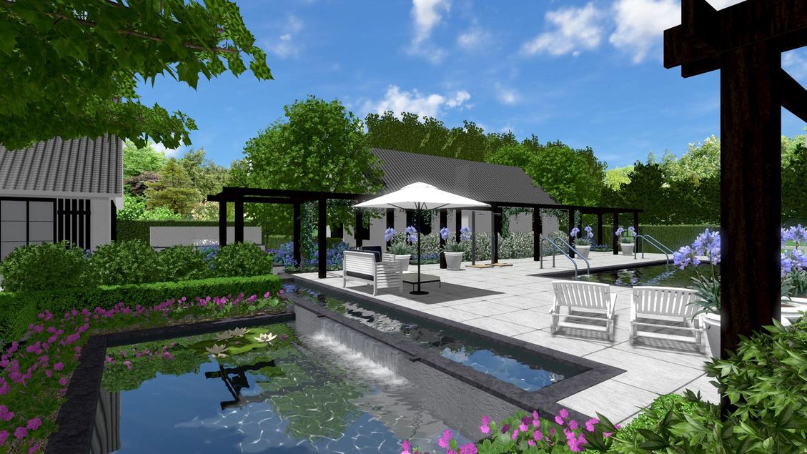 landschaps-tuinontwerp stroomversnelling in nijmegen van het buitenland met een vijver waarin water uitstroomt uit een kanaal