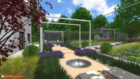 stads-tuinontwerp beloofd land in nijmegen van het buitenland met 5 stalen pergola's ritmisch boven een fonteintuin van geel split