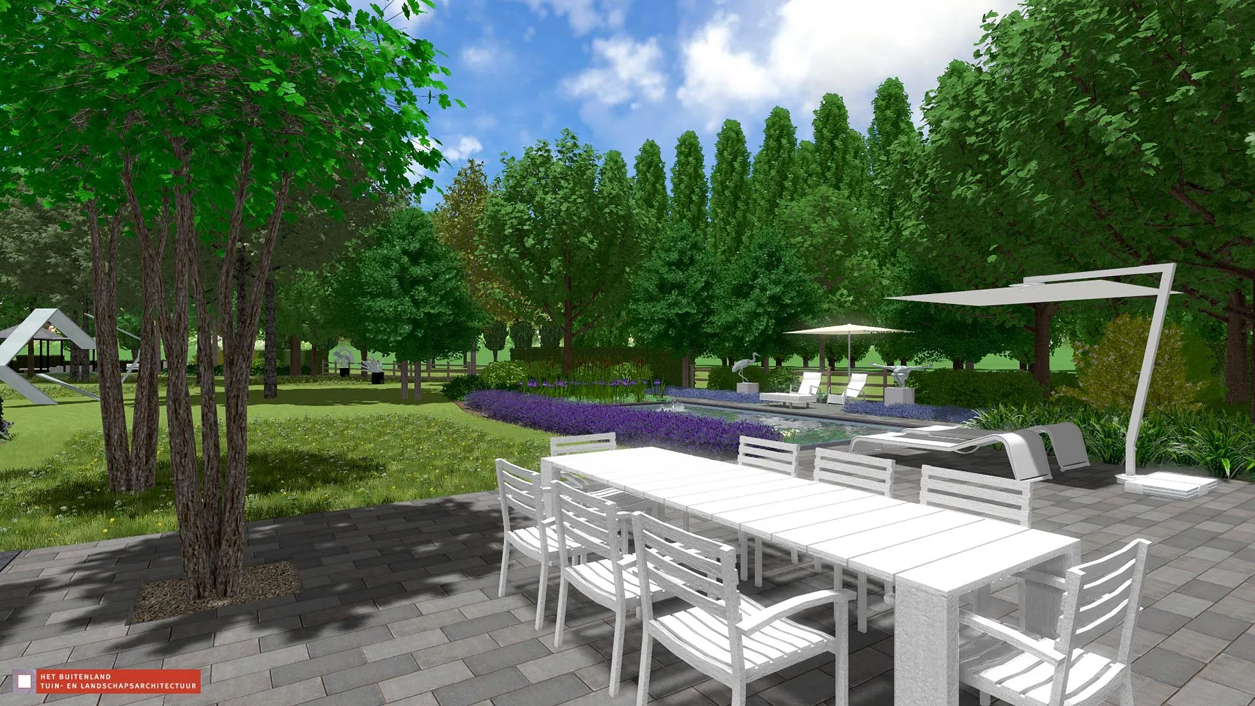 landschaps-tuinontwerp beeldentuin in nijmegen van het buitenland met een buiten eettafel met zicht op de vijver en de beelden