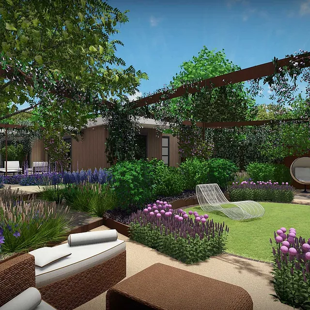 stads-tuinontwerp fruit plaza in oosterbeek van het buitenland met een loungeterras aan het ronde gazon