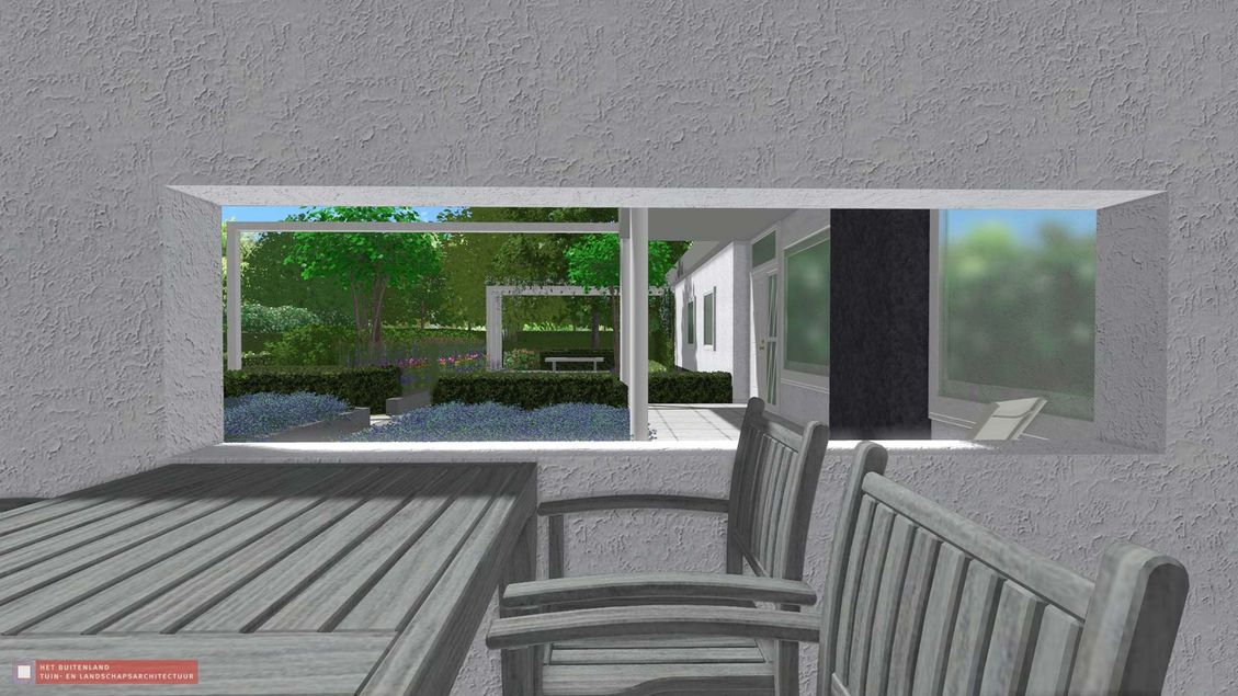 stads-tuinontwerp doorkijkjes in nijmegen van het buitenland met doorkijkje door een rechthoekige opening in de patiomuur