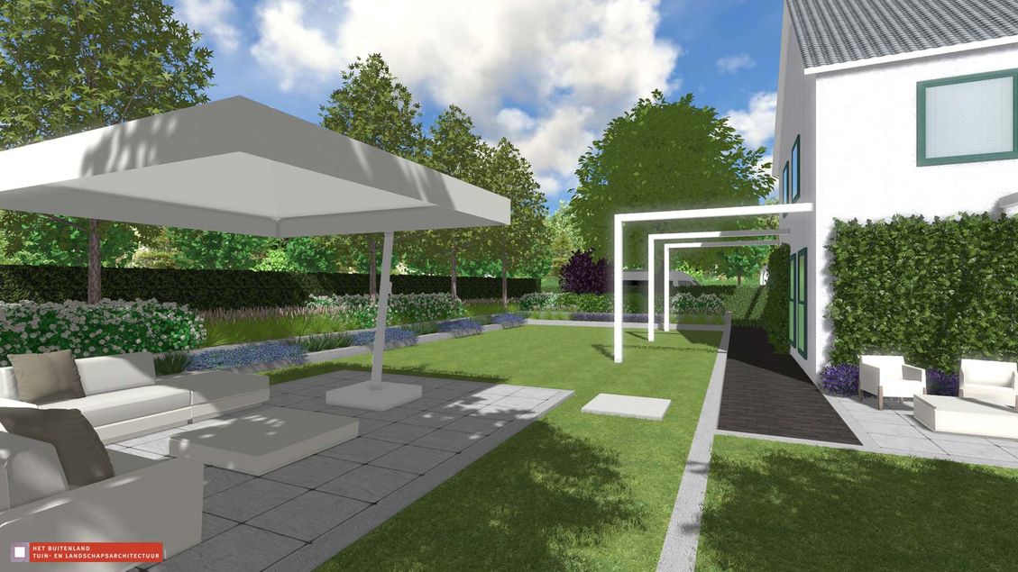 stads-tuinontwerp bossche school 2 in nijmegen van het buitenland met het loungeterras en een reeks van 3 pergola's over een pad