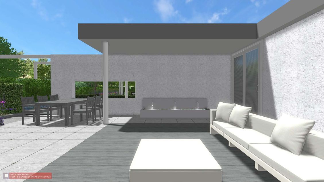 stads-tuinontwerp doorkijkjes in nijmegen van het buitenland met de patiotuin met een loungebank bij een waterbak met 3 spuiters