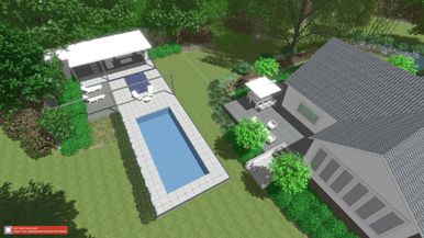 landschaps-tuinontwerp bospoel in nijmegen van het buitenland met een 3D vogelvlucht visualisatie van het zwembad met poolhouse
