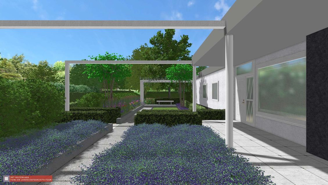 stads-tuinontwerp doorkijkjes in nijmegen van het buitenland met doorkijkjes onder een reeks pergola’s naar een veldje geraniums