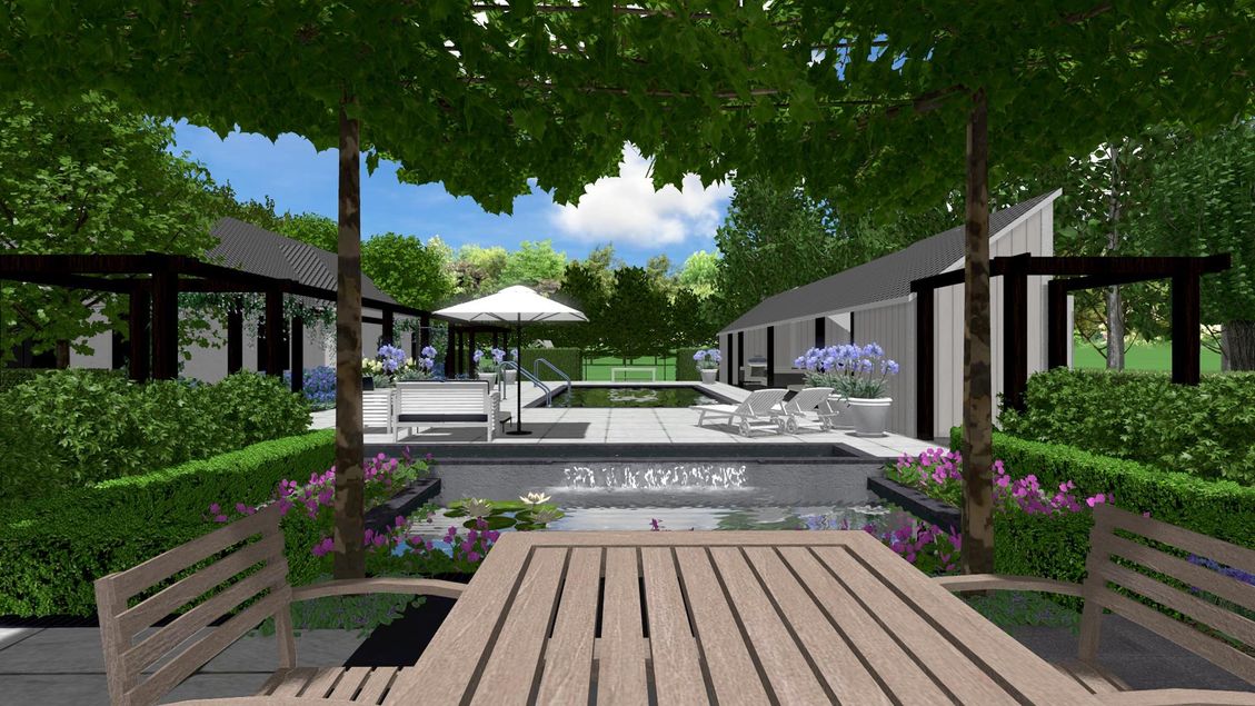 landschaps-tuinontwerp stroomversnelling in nijmegen van het buitenland met een buiten eettafel met zicht op vijver en zwembad