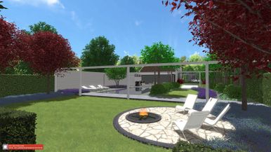 landschaps-tuinontwerp het glazen huis in nijmegen van het buitenland met een vuurplek terras met zicht op een zwembad