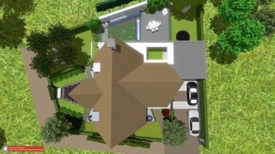 stads-tuinontwerp water muur in nijmegen van het buitenland met een 3D vogelvlucht visualisatie van de gehele tuin rond de woning