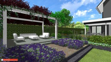 stads-tuinontwerp kinderspel in nijmegen van het buitenland met houten loungeterras met 2 pergola's en een lage border ervoor
