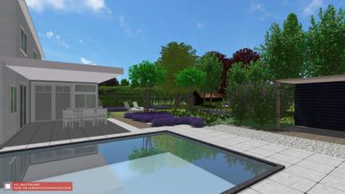 landschaps-tuinontwerp de as in nijmegen van het buitenland met het zwembad bij de woning en zicht op het loungeterras