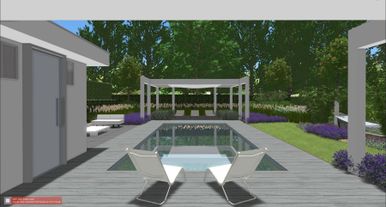 landschaps-tuinontwerp pool huis in nijmegen van het buitenland met een zitje voor het pool huis met zicht op het zwembad