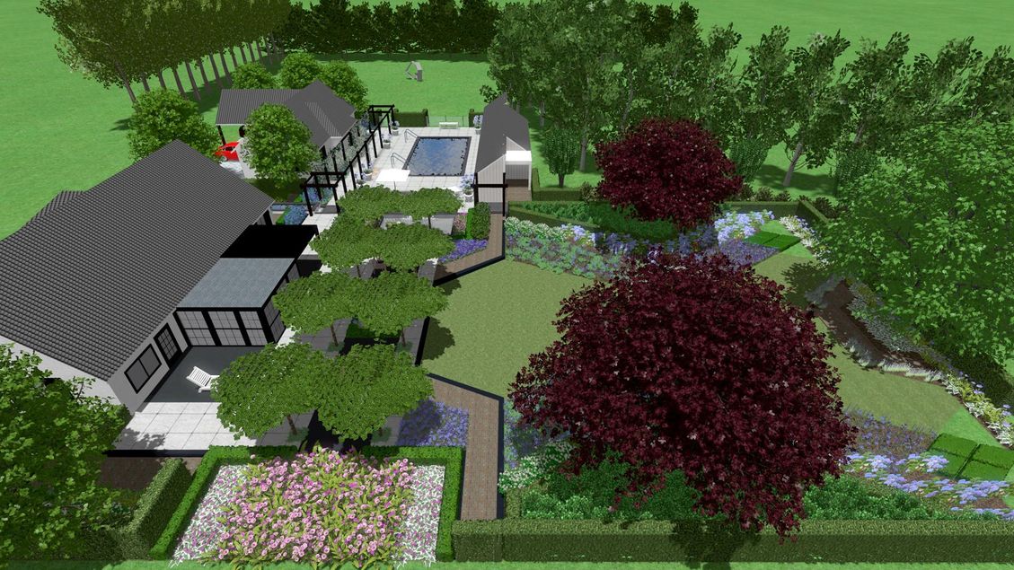 landschaps-tuinontwerp stroomversnelling in nijmegen van het buitenland met een 3D vogelvlucht visualisatie van de gehele tuin