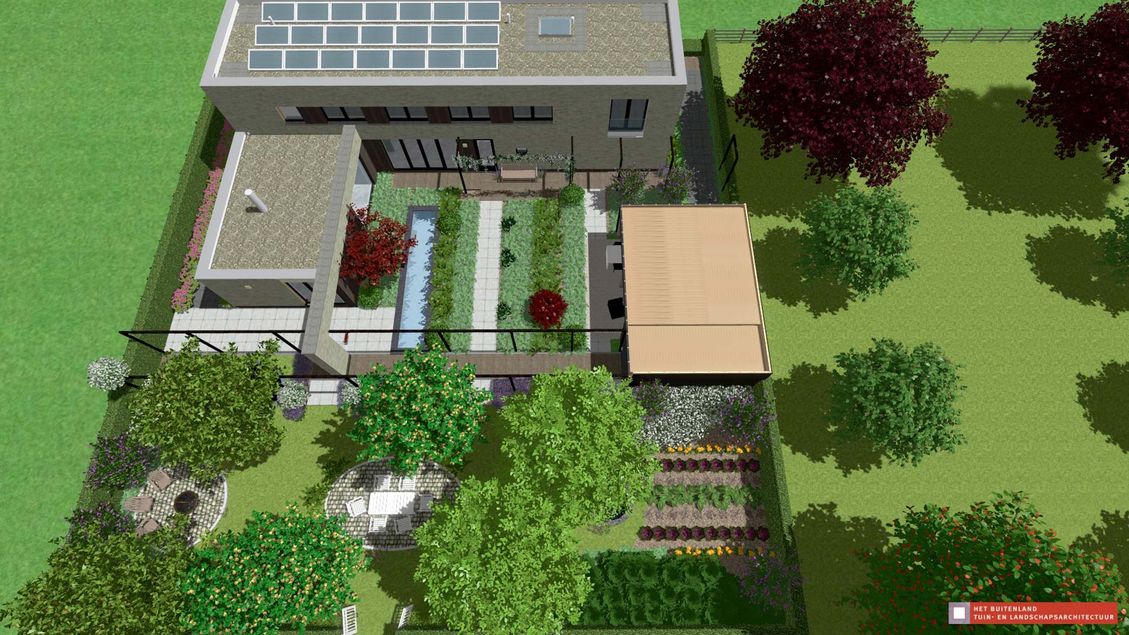 stads-tuinontwerp binnen de lijnen in nijmegen van het buitenland met een 3D vogelvlucht visualisatie van het lijnenspel van de tuin