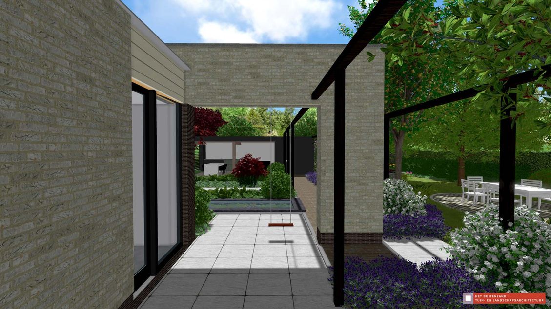 stads-tuinontwerp binnen de lijnen in nijmegen van het buitenland met een aan de woning gemetselde robuuste poort met schommels