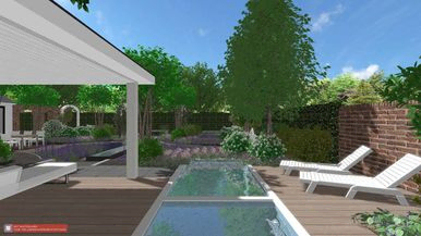 stads-tuinontwerp gasthuis in nijmegen van het buitenland met zicht over de zwemspa over een plantentuin naar bankje