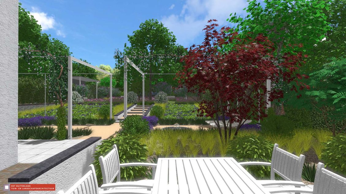 stads-tuinontwerp beloofd land in nijmegen van het buitenland met een buiten eettafel voor een lage beplanting en een hellende tuin