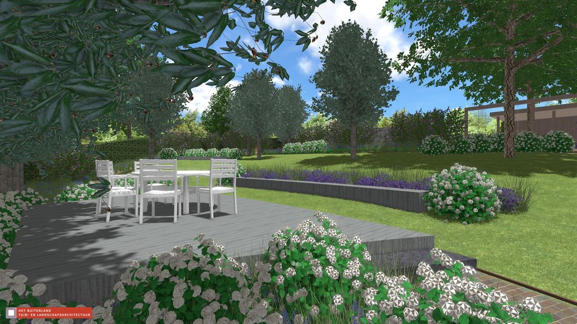 landschaps-tuinontwerp op de helling in nijmegen van het buitenland met een verhoogd houten loungeterras onder aan de helling