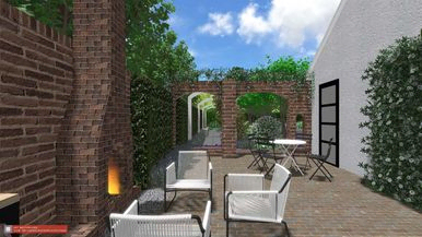 stads-tuinontwerp gasthuis in nijmegen van het buitenland met zicht vanaf de gasthuis patio door boogramen naar de achtertuin