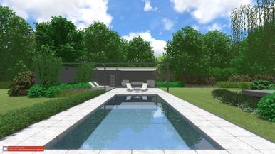 landschaps-tuinontwerp bospoel in nijmegen van het buitenland met zicht over de lengte van het zwembad naar het poolhouse