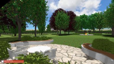 landschaps-tuinontwerp de as in nijmegen van het buitenland met een terras begrensd door gebogen betonnen banken 