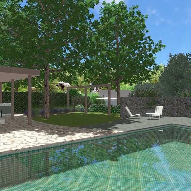 landschaps-tuinontwerp op de helling in nijmegen van het buitenland met zwembad met rondom een houten vlonder en loungestoelen