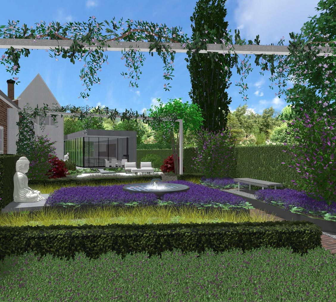 landschaps-tuinontwerp het glazen huis in nijmegen van het buitenland met een zen binnentuin gelegen voor de glazen uitbouw