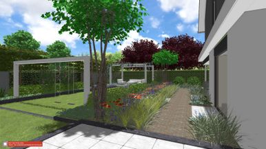 stads-tuinontwerp kinderspel 1 in nijmegen van het buitenland met lang pad voor het huis langs met kleurrijke border met 2 bomen