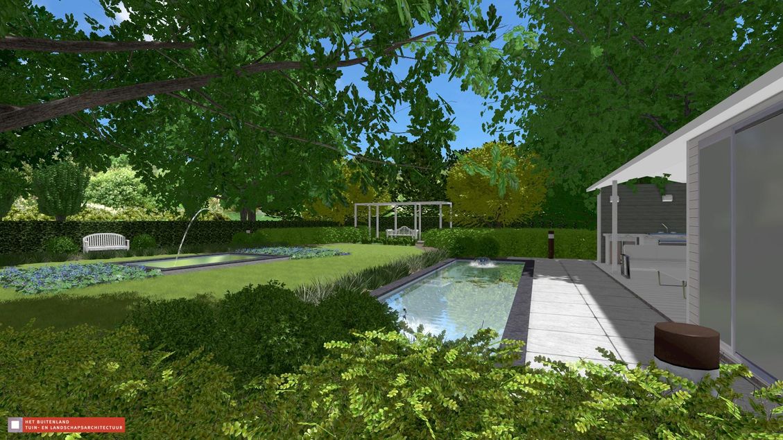 landschaps-tuinontwerp lavendeldroom in nijmegen van het buitenland met een terrasoverkapping met vlak ervoor een lange vijver