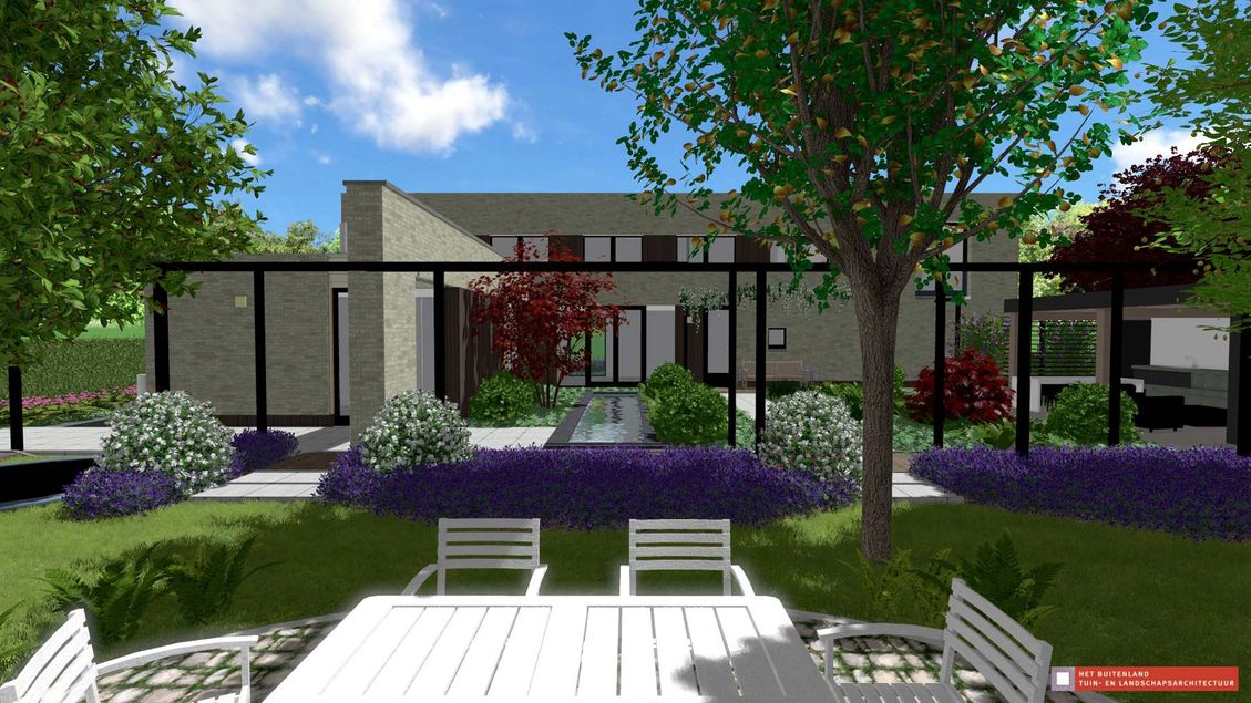 stads-tuinontwerp binnen de lijnen in nijmegen van het buitenland met een buiten eettafel in de boomgaard met zicht op de achtertuin