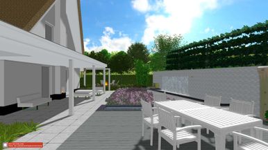 stads-tuinontwerp water muur in nijmegen van het buitenland met de achtertuin met veranda en eettafel met zicht op de watermuur