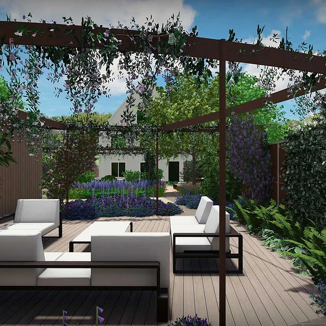 stads-tuinontwerp fruit plaza in oosterbeek van het buitenland met het houten loungeterras met pergola erboven