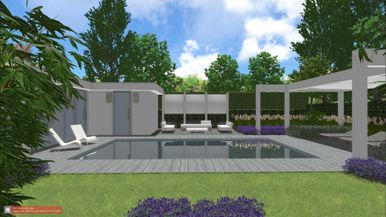 landschaps-tuinontwerp pool huis in nijmegen van het buitenland met zicht vanuit een hangmat op een luxe zwembadkamer